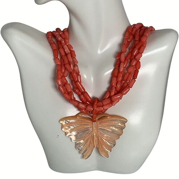Pink Coral Butterfly Pendant Necklace 20" 925 Sterling Silver Mother Of Pearl